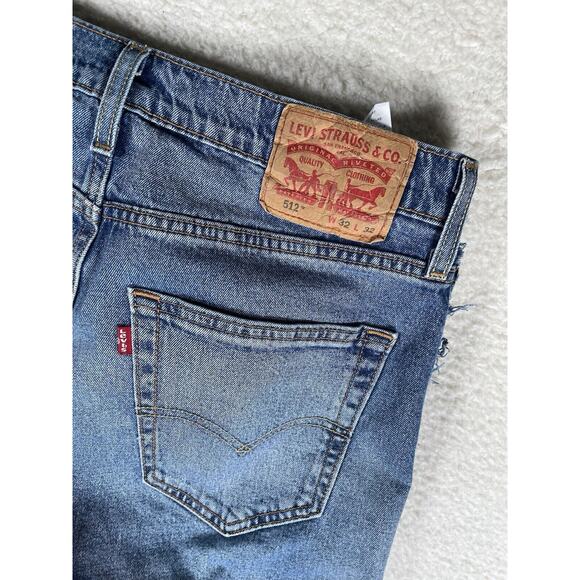 Levis 512 Jeans Mens 32x32 Blue Raw Hem Seams Faded 5 Pocket Distressed - Picture 15 of 16